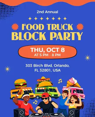 Festive Blue Food Truck Block Party Celebration Flyer Template
