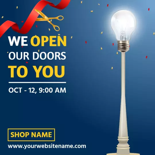Festive Blue Grand Opening Event with Light Bulb and Ribbons Ad Template