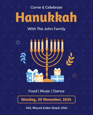 Festive Blue Hanukkah Celebration Family Gathering Poster Template