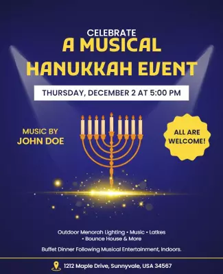 Festive Blue Hanukkah Musical Celebration Event Poster Template