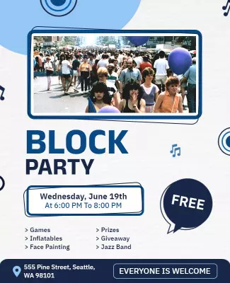Festive Blue Neighborhood Block Party Celebration Poster Template