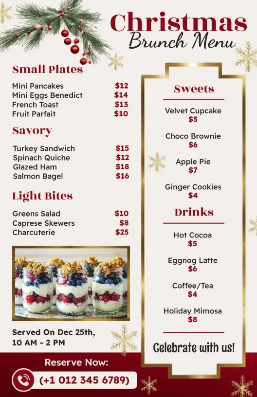 Festive Brunch Offerings with Sweets and Savory Delights Christmas Menu Template