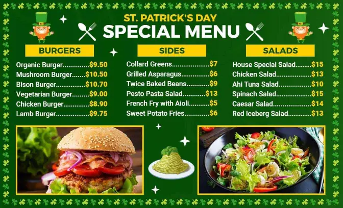Festive Burger Selections and Traditional Sides St. Patrick's Day Menu Template