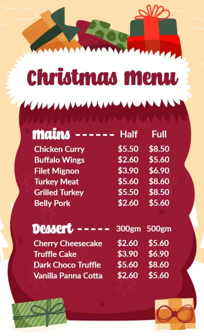 Festive Chicken and Turkey Dishes with Sweet Treats Christmas Menu Template