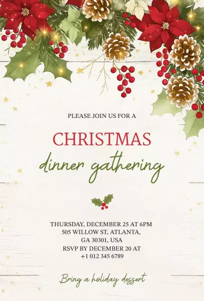 Festive Christmas Dinner Gathering Celebration Invitation Template