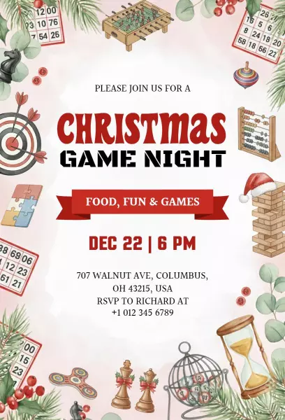 Festive Christmas Game Night Food Fun Invitation Template