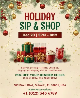 Festive Christmas Holiday Sip and Shop Event Flyer Template