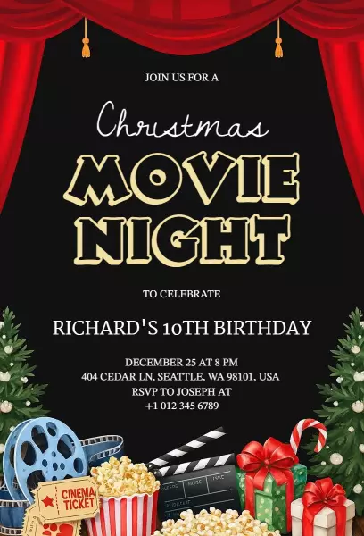 Festive Christmas Movie Night Birthday Celebration Invitation Template