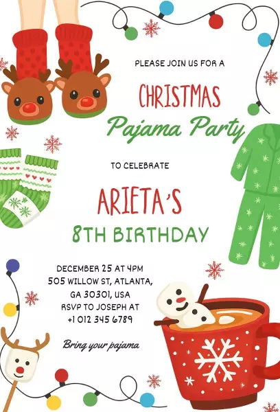 Festive Christmas Pajama Party Birthday Celebration Invitation Template