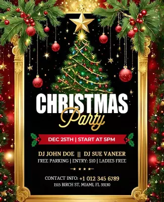 Festive Gold and Green Christmas Party Flyer Template