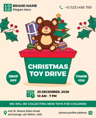 Festive Christmas Toy Drive with Cute Bear Poster Template