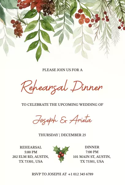 Festive Christmas Wedding Rehearsal Dinner Invitation Template