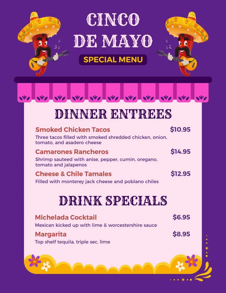 Festive Cinco De Mayo Dinner and Drink Specials Holiday Menu Template