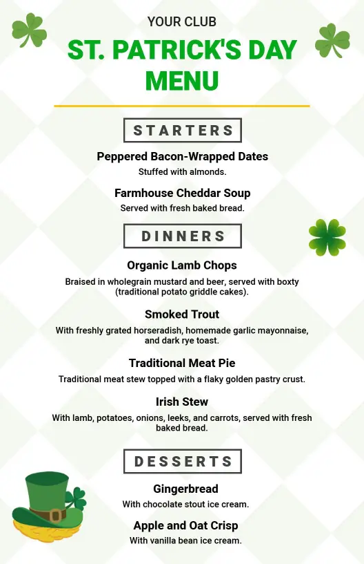 Festive Classic Irish Dishes and Desserts for St. Patrick's Day Menu Template
