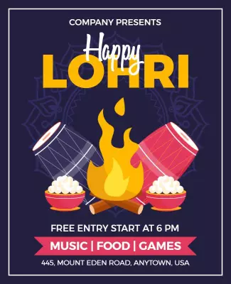 Festive Colorful Lohri Celebration with Bonfire Flyer Template