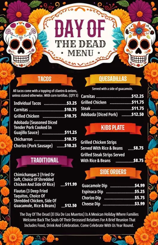 Festive Day of the Dead Tacos and Quesadillas Holiday Menu Template