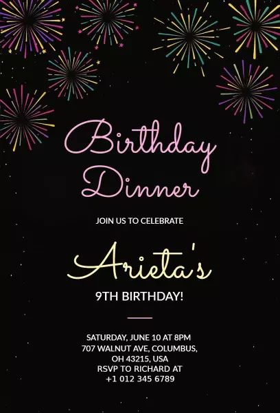 Festive Fireworks Dinner Birthday Celebration Invitation Template