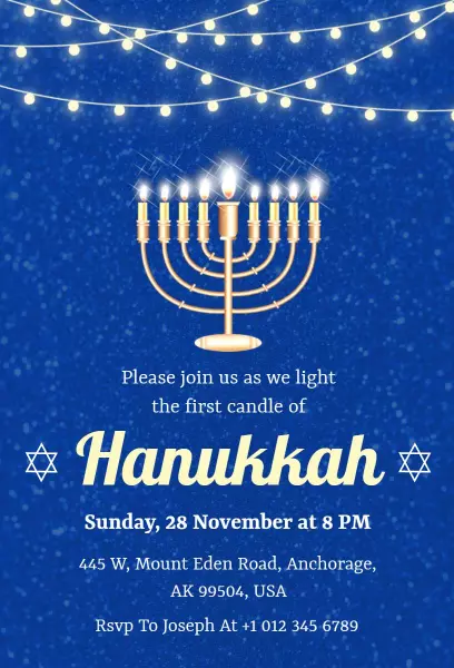 Festive First Candle Lighting Hanukkah Invitation Template