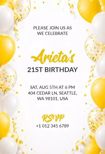Festive Gold Balloon 21st Birthday Celebration Invitation Template