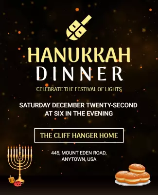 Festive Gold Hanukkah Dinner Celebration Poster Template