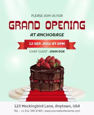 Festive Grand Opening Celebration with Chocolate Cake Poster Template