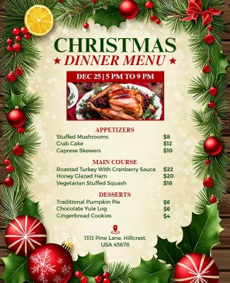 Festive Green Christmas Dinner Menu Poster Template