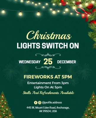 Festive Green Christmas Lights Switch On Event Poster Template