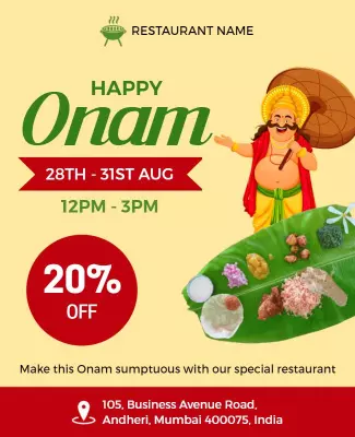 Festive Green Onam Celebration Restaurant Discount Poster Template