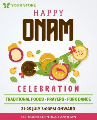 Festive Green Onam Celebration with Traditional Foods Poster Template