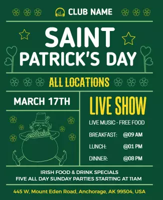 Festive Green Saint Patrick's Day Live Show Celebration Poster Template