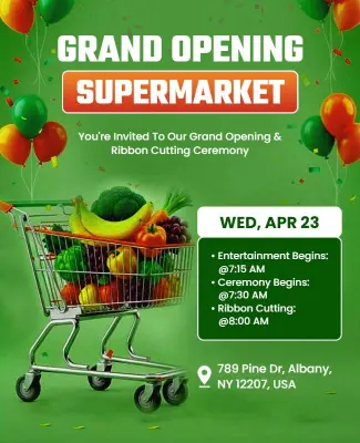 Festive Green Supermarket Grand Opening Celebration Flyer Template