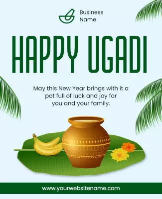 Festive Green Ugadi Celebration with Pot and Leaves Poster Template