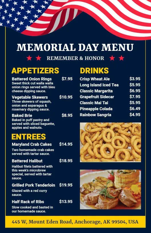 Festive Grilled Dishes and Classic Beverages Memorial Day Menu Template