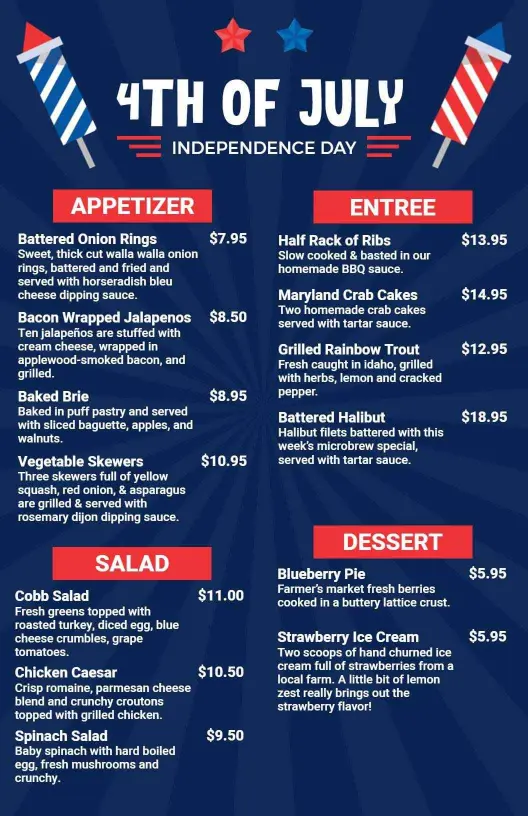 Festive Grilled Favorites and Red, White, Blue Treats 4th of July Menu Template