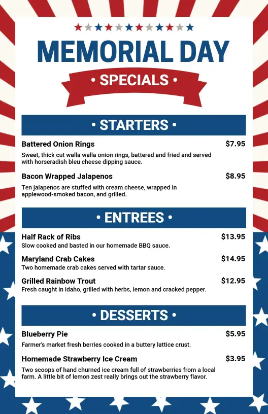 Festive Grilled Meats and Classic Sides for Summer Celebrations Memorial Day Menu Template