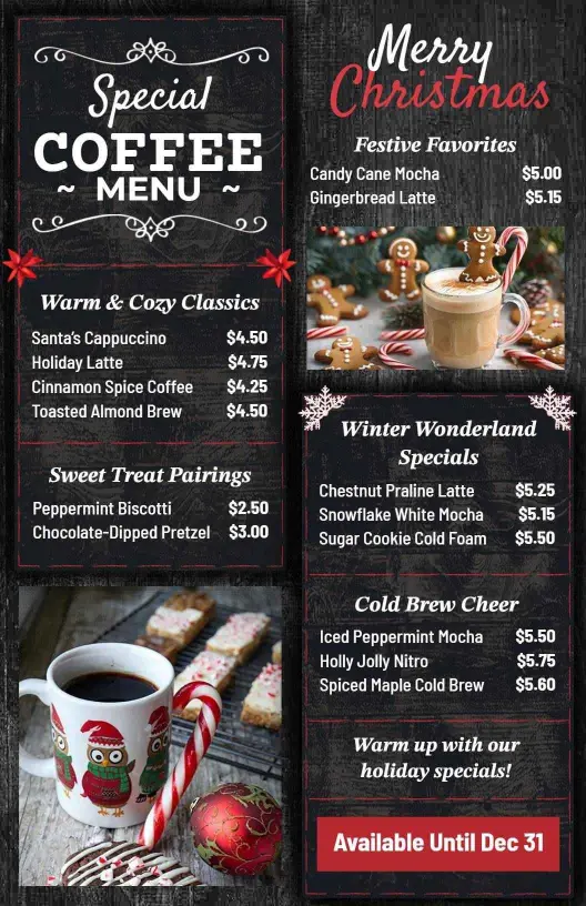 Festive Holiday Coffee Selections and Sweet Treat Pairings Christmas Menu Template