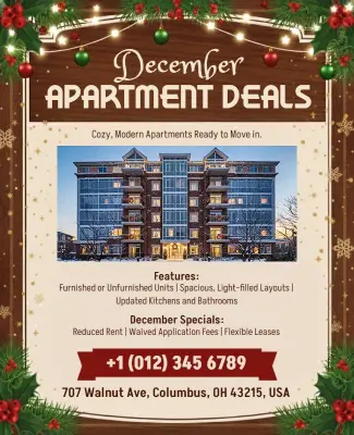 Festive Holiday December Apartment Deals Promotion Flyer Template