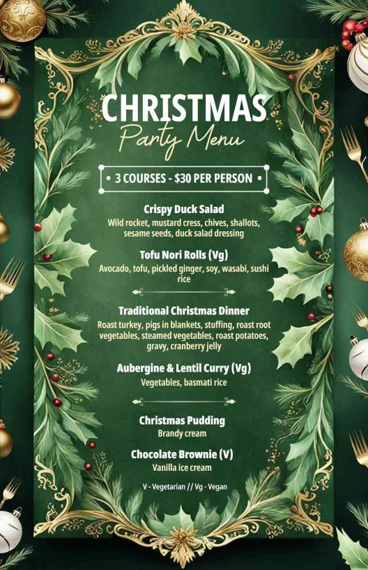 Festive Holiday Feast with Traditional Dishes Christmas Menu Template