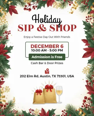 Festive Holiday Sip and Shop Celebration Event Flyer Template