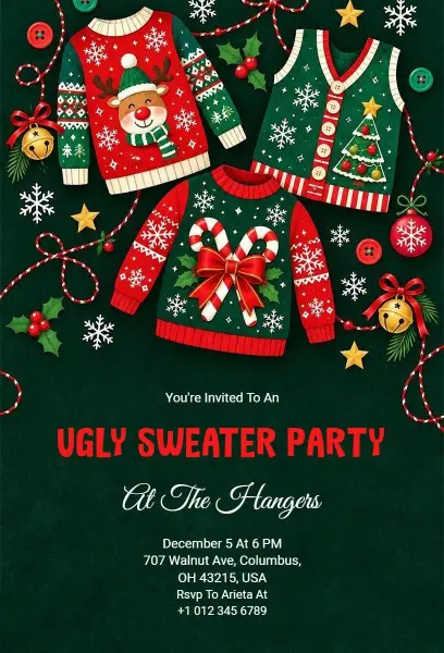 Festive Holiday Ugly Sweater Party Invitation Template