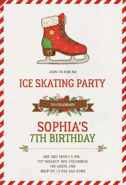 Festive Ice Skating Birthday Party Celebration Invitation Template