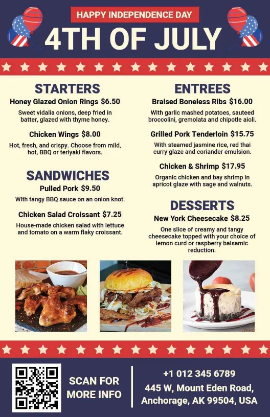 Festive Independence Day Delights and Classic Favorites 4th of July Menu Template