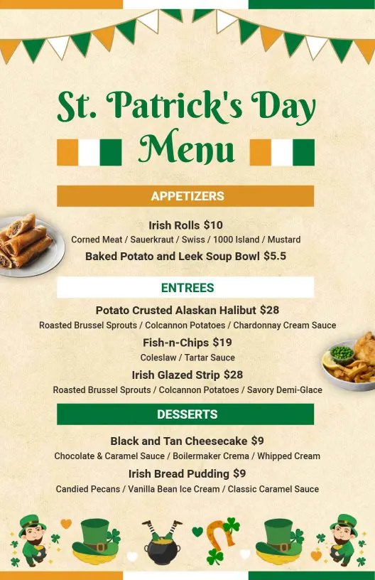 Festive Irish Appetizers, Entrees, and Desserts St. Patrick's Day Menu Template