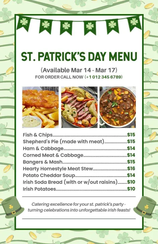Festive Irish Classics and Traditional Dishes St. Patrick's Day Menu Template