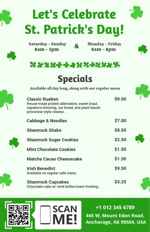 Festive Irish Classics and Treats for St. Patrick's Day Menu Template