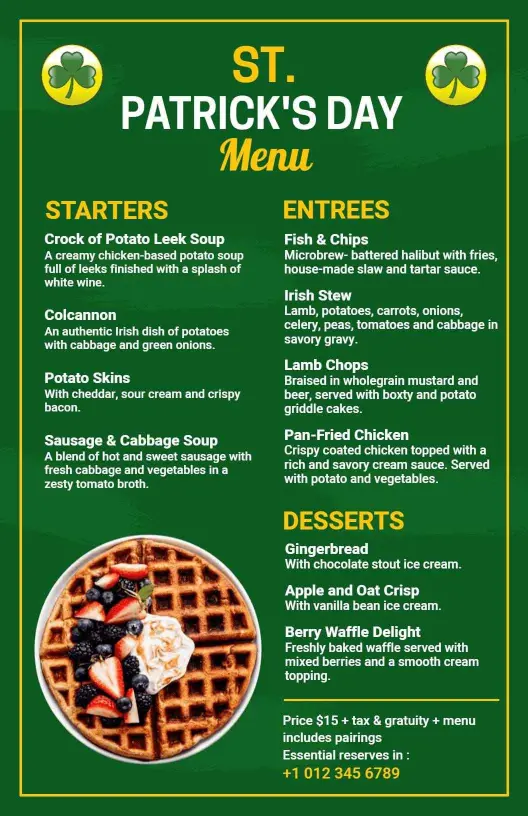 Festive Irish Dishes and Traditional Favorites St. Patrick's Day Menu Template