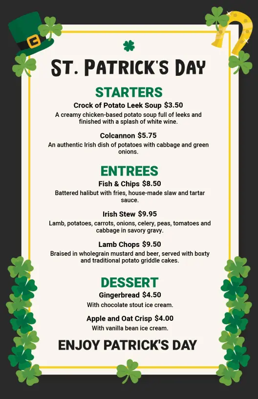 Festive Irish Dishes and Traditional Treats St. Patrick's Day Menu Template