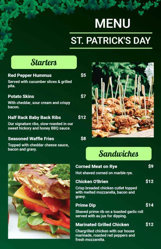 Festive Irish Starters and Savory Sandwiches for St. Patrick's Day Menu Template