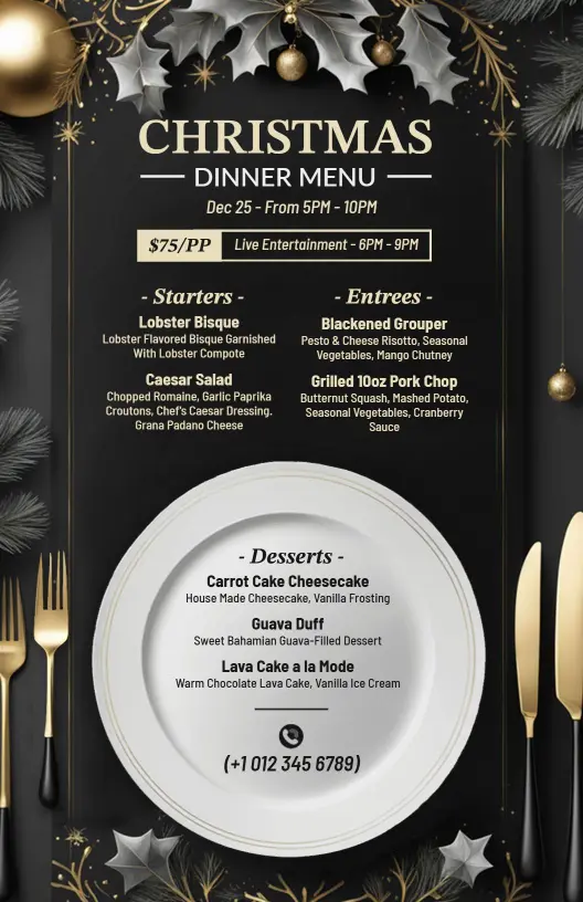 Festive Lobster and Holiday Classics Dinner Selection Christmas Menu Template