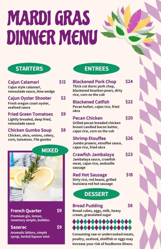Festive Mardi Gras Dinner Menu Template